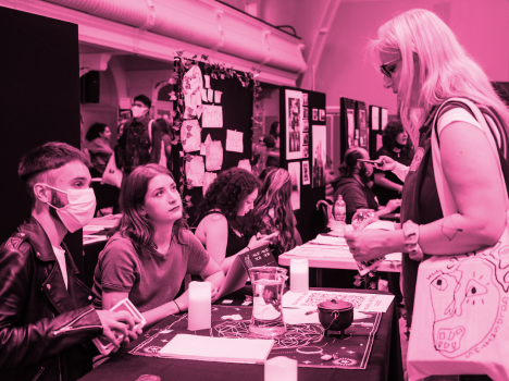 The word 'Start' repeated over a red-tinted photograph of students