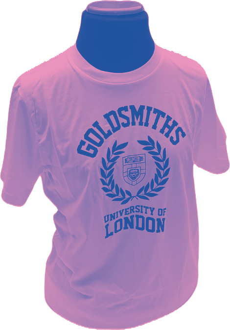 A short sleeved t-shirt that reads Goldsmiths University of London across the front, with a laurel surrounding the Goldsmiths crest