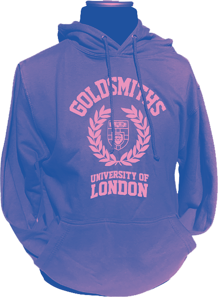 A pullover hoodie that reads Goldsmiths University of London across the front, with a laurel surrounding the Goldsmiths crest