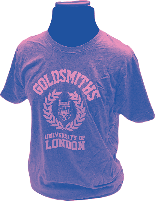 A short sleeved t-shirt that reads Goldsmiths University of London across the front, with a laurel surrounding the Goldsmiths crest